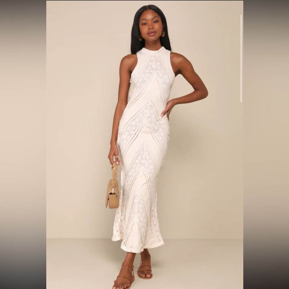 Lulu's Beige Strapless Lace Dress